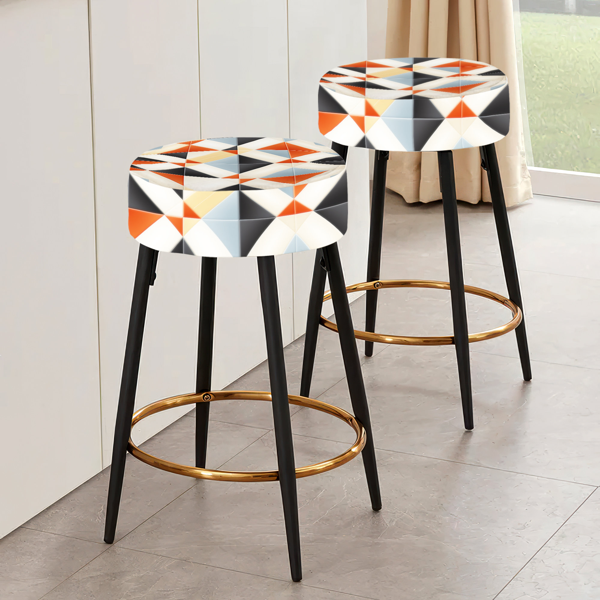 Design Art Orange And Beige Rustic Mosaic Pattern Geometric Bar Stools Set Of 2 Wayfair